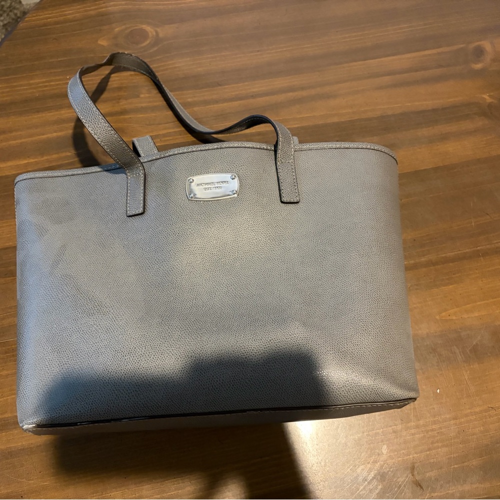 Michael Kors Gray Pebbled Leather Tote with Silver Plaque